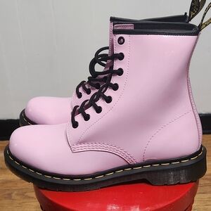 Dr. Martens Pink Combat Boots with Yellow Stitching